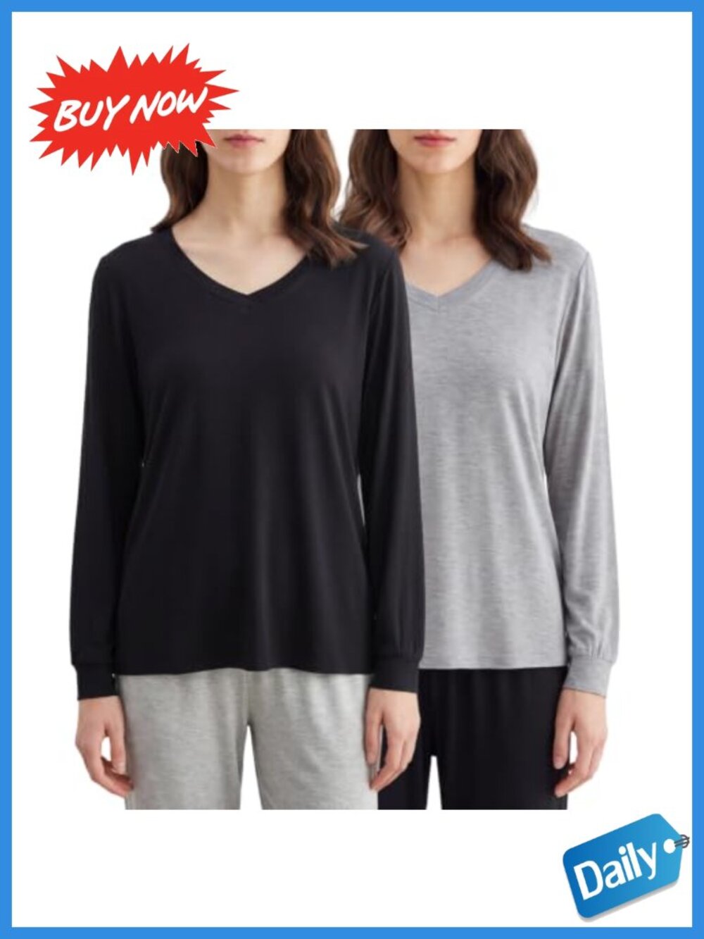 Bamboo Viscose Pajama Top Long Sleeve V-Neck Sleep T-Shirt Relaxed Fit